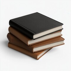 Stack of three brown books and one black book on a white background view