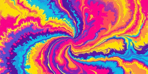 Colorful retro psychedelic tie-dye swirl in red, yellow, blue, orange, and purple – bold, abstract, and fashionable