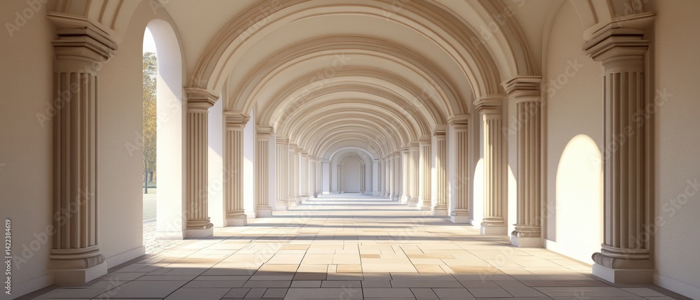 Poster elegant colonnade with symmetrical arches and sunlight creating a sense of depth and architectural g