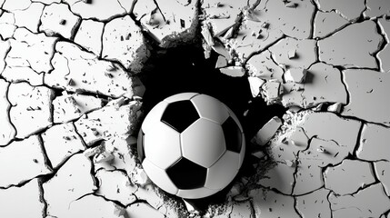 3D Illustration of a Soccer Ball Forcefully Shattering a White Wall