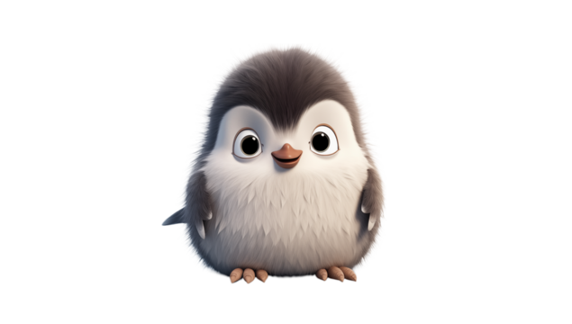 A fluffy cartoon penguin with big eyes and a small beak stands against a transparent background alone now png