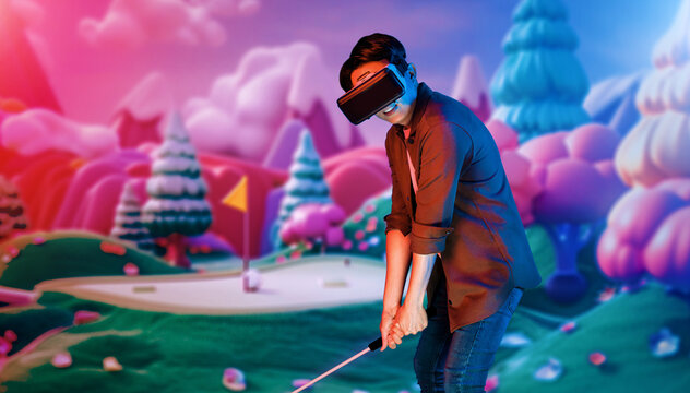 Skilled gamer wearing VR glasses while playing golf at metaverse or golf court with purple sky. Attractive golf player or athlete practicing sport skill while entering in simulated world. Ingenuity.