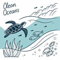 Clean Oceans Vector Illustration Featuring A Sea Turtle And Fish