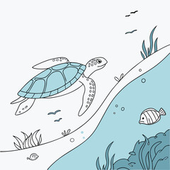 Obraz premium Undersea World With Turtle Seagrass And Fish Line Art Style Illustration