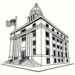 Line Art Illustration Of Government Building With American Flag Symbol Of Democracy