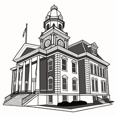 Black And White Vector Of A Classic Courthouse With Flag On Top