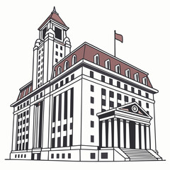Classic Architectural Building With Flag Illustration And Monumental Design Style