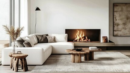 Fototapeta premium Cozy Scandinavian Living Room White Corner Sofa by a Warm Fireplace in Modern Interior Design