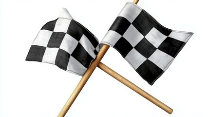 Crossed Black and White Checkered Flags on Wooden Sticks - Motorsport Racing Concept Isolated Background