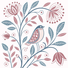 Bird On Floral Branch Illustration With Decorative Flower And Leaf Elements