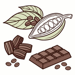 Chocolate Bar Cocoa Pod And Beans Stylized Vector Illustration