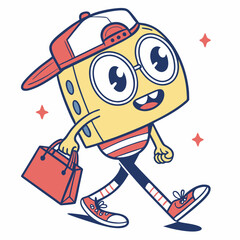 Dice Character Wearing Cap And Glasses Walking With Shopping Bag Illustration