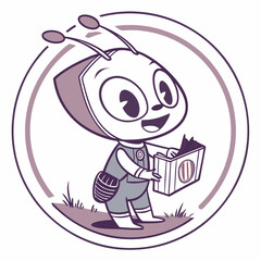 Cartoon Alien Character Holding A Box In A Circular Frame Illustration