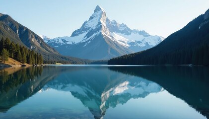 Snowy mountain peak reflected in pristine lake, lake, scenic, pure