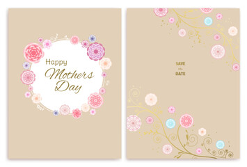 Flower. Floral background. Mother's Day. Congratulations. Border. Leaves. Vector pattern. 3D. Wreath of roses. Bouquet. Volumetric flowers. Stems. Pink. Graphic. Rose drawing.