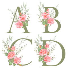 Hand painted watercolor floral alphabet - letters ABCD. The letters of the alphabet is olive colored and decorated with watercolor roses. Wedding, birthday, children's party, any creative ideas.