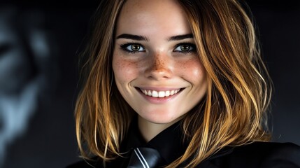 Close-up portrait of a smiling woman with freckles and blonde highlights