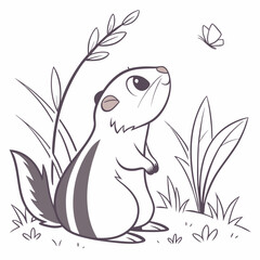 Cute Chipmunk Standing Among Grass And Looking Up At A Butterfly