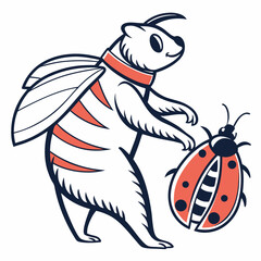 Cartoon Honey Bee Bear With Ladybug Vintage Retro Vector Illustration