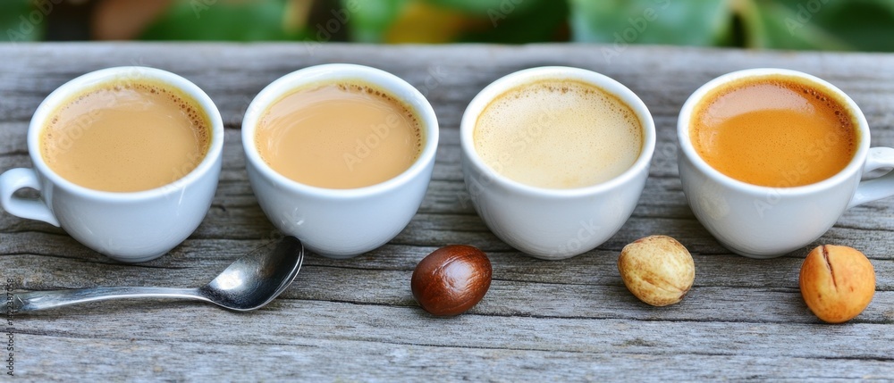 Poster coffee tasting flight with espresso latte cappuccino and macchiato on rustic wood table with nuts