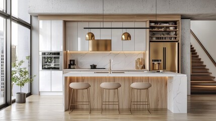 Modern Kitchen Interior White Cabinets, Gold Accents, Marble Countertop, Interior , Design