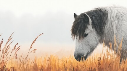 Obraz premium Majestic Grey Pony Grazing in Misty Autumn Field