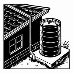 Monochrome Illustration Of Water Harvesting System With Tank And House