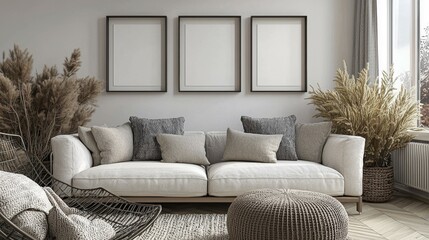 Stylish Scandinavian Living Room with Three Framed Pictures - Empty Wall Mockup Featuring Natural Wood Flooring and Dried Plants - High-Quality 3D Render