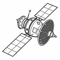 Line Art Illustration Of A Satellite With Solar Panels And Antenna