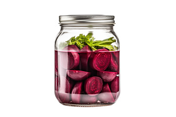 A glass jar filled with pickled beets and fresh herbs against a plain transparent background studio shot png