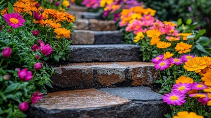 Colorful flowers line stone steps garden path