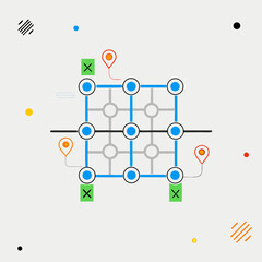 Board Game Strategy Path Planning With Location Pins And Colorful Graphic Elements