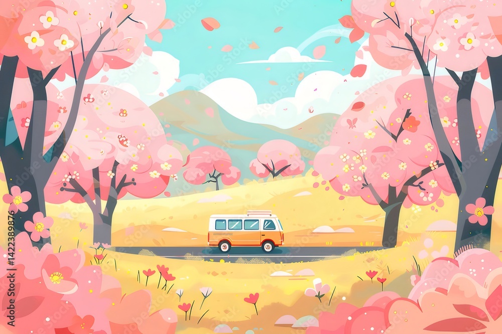 Poster 春の桜並木と旅行車 鮮やかなピンク色の花咲く風景 空の下を走る車のイラスト