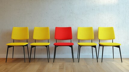 Obraz premium Vibrant Yellow Chairs Flanking a Bold Red Chair in Perfect Alignment
