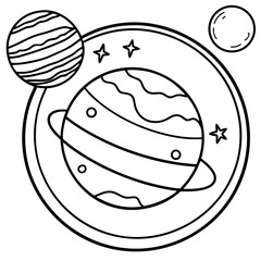 Black And White Outline Space Planets And Stars In Galaxy Illustration