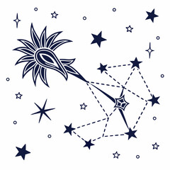 Stylized Floral Element With Constellation Against White Background Vector Illustration
