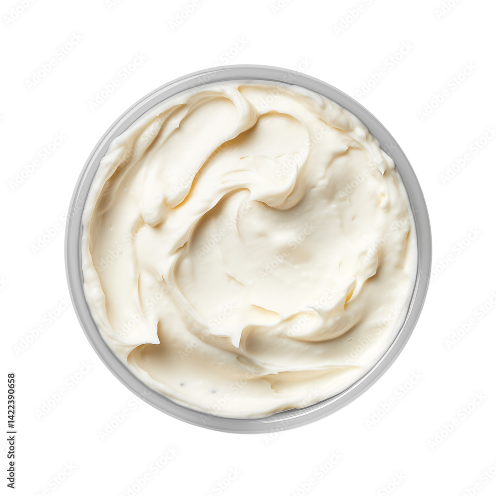 Poster aerial view of a container filled with smooth white cream with swirling patterns on a transparent ba