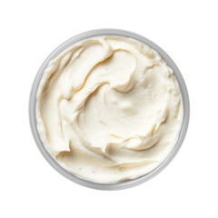 Aerial view of a container filled with smooth white cream with swirling patterns on a transparent background png