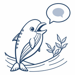 Cartoon Dolphin Character Speaking With Speech Bubble And Sea Plant Illustration