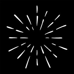 Vector hand drawn illustration of light rays, firework, sunburst. Vintage style element, round frame, isolated on black background.