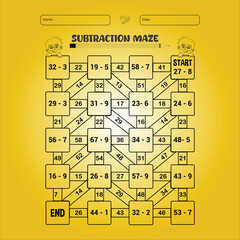 Subtraction maze puzzle worksheet for children