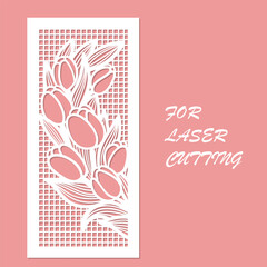 Decorative panel with tulips. Template for laser cutting from paper, wood, cardboard, metal, etc. For the design of wedding cards, envelopes, panels, interior elements, etc. Vector