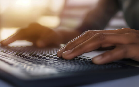 Close-up of hands typing on braille keyboard. Accessibility and assistive technology concept.
 - Powered by Adobe