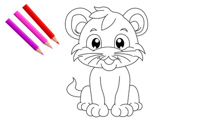 A cat cute cartoon  animal in black and white outline, KDP, kids, line art, coloring book page , Illustration