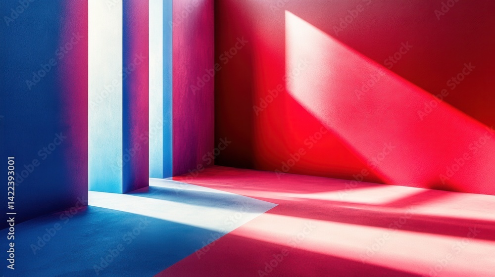 Poster abstract architectural interior with blue and red walls and sunlight creating geometric patterns and