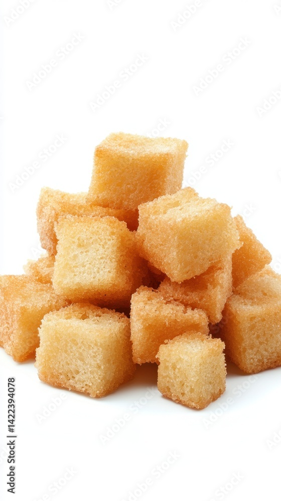 Poster golden crouton cubes stacked in a pile on a white surface creating a simple and clean food photograp