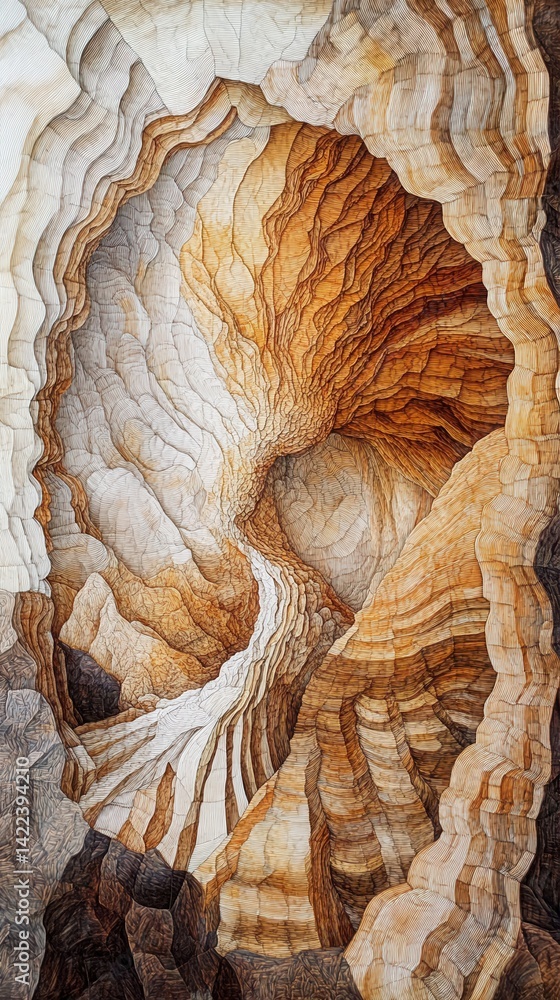 Poster abstract cave formation with intricate layers of rock and sediment creating a mesmerizing geological