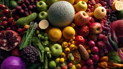 A vibrant still life featuring a colorful array of fresh fruits and vegetables.