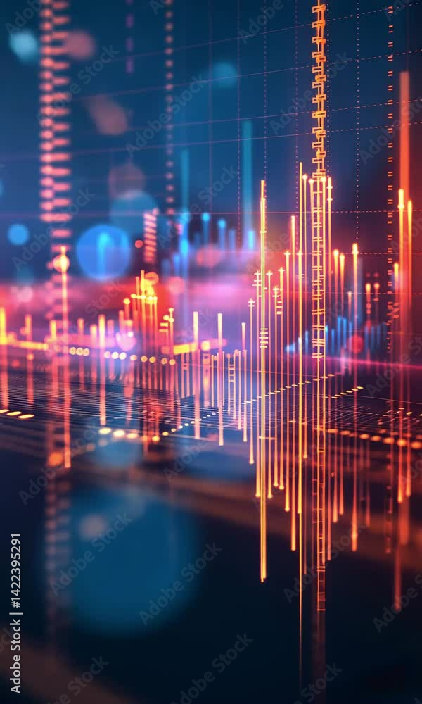 Poster visual representation of sound waves and digital patterns in vibrant colors and dynamic movement