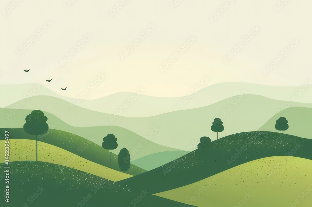 Poster 緑の丘と木々と鳥が飛ぶ穏やかな風景 背景に霞んだ山々と柔らかい光のシンプルなイラスト